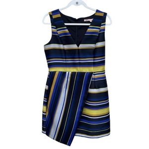 ANTHROPOLOGIE HUTCH dress, blue yellow striped, asymmetrical sheath style. Sz 10